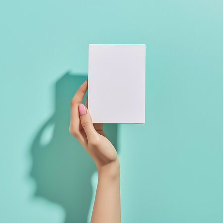 Beautiful hand with product mockup on a flat color background. generative aiの素材