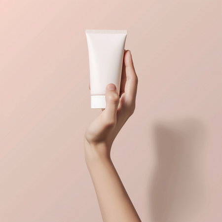 Beautiful hand with product mockup on a flat color background. generative aiの素材