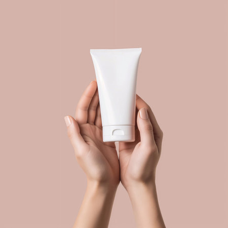 Beautiful hand with product mockup on a flat color background. generative aiの素材