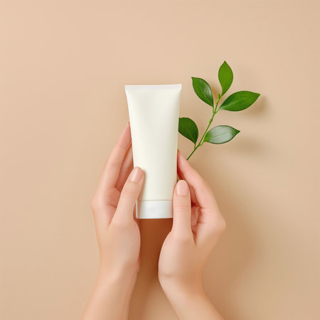 Beautiful hand with product mockup on a flat color background. generative aiの素材