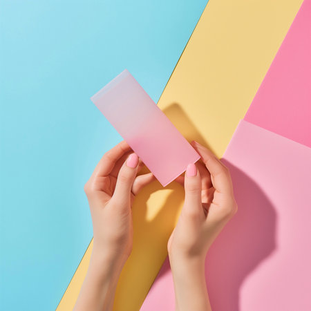 Beautiful hand with product mockup on a flat color background. generative aiの素材