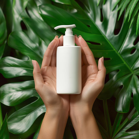 Beautiful hand and product mockup on natural background, leaves and water drops. generative aiの素材
