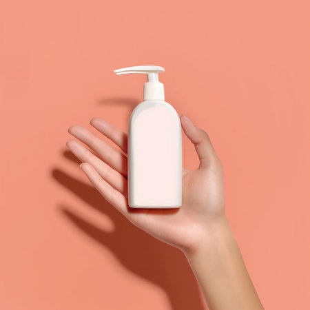 Beautiful hand with product mockup on a flat color background. generative aiの素材
