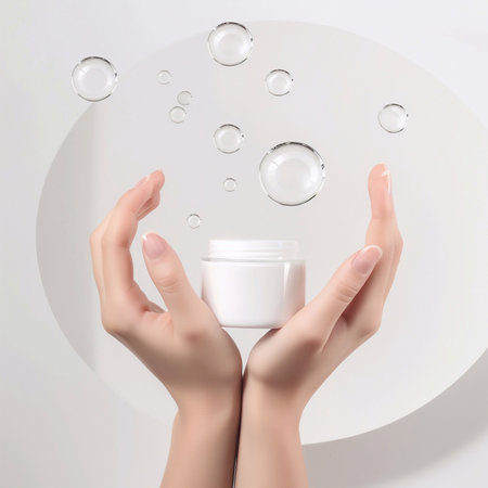 Beautiful hand with product mockup on a flat color background. generative aiの素材