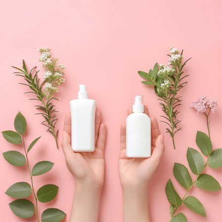 Beautiful hand with product mockup on a flat color background. generative aiの素材