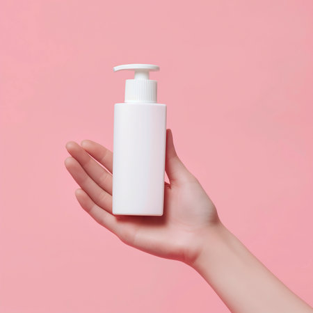 Beautiful hand with product mockup on a flat color background. generative aiの素材