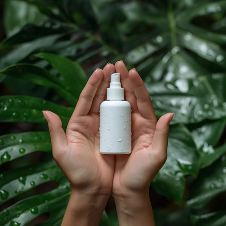 Beautiful hand and product mockup on natural background, leaves and water drops. generative aiの素材