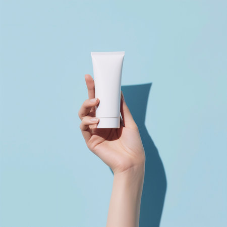 Beautiful hand with product mockup on a flat color background. generative aiの素材