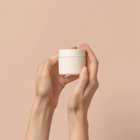 Beautiful hand with product mockup on a flat color background. generative aiの素材