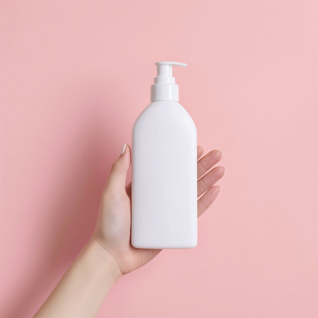 Beautiful hand with product mockup on a flat color background. generative aiの素材