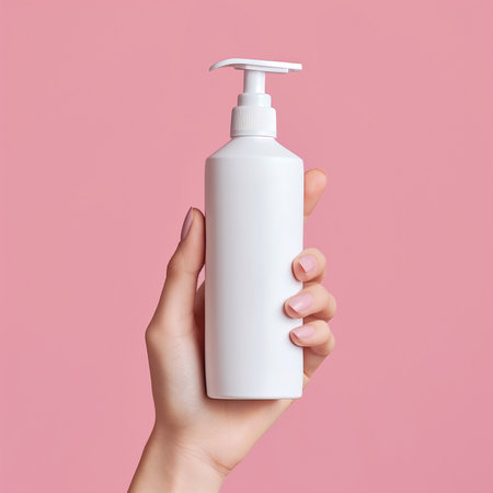 Beautiful hand with product mockup on a flat color background. generative aiの素材