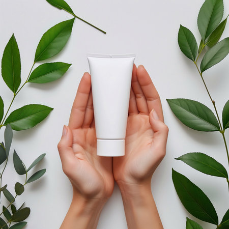 Female hands holding white cosmetic tube on white background with green leaves.の素材