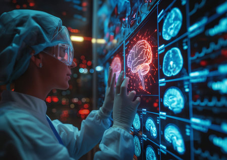 Surgeon uses finger to touch virtual holographic button about brain system  generative aiの素材