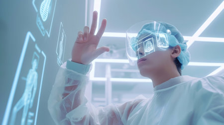 doctor Surgeon uses their finger to touch a virtual holographic button about the internal body system, generative aiの素材