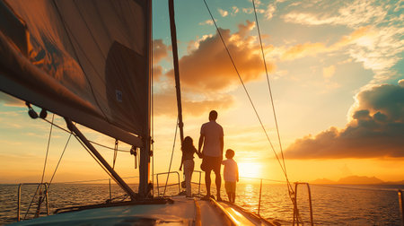 Silhouette of a family, on a modern sailboat in the middle of the sea, with stunning sky and clouds generative aiの素材