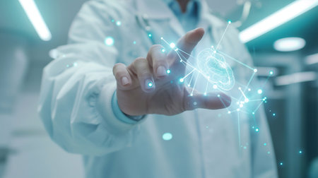 doctor Surgeon uses their finger to touch a virtual holographic button about the internal body system, generative aiの素材