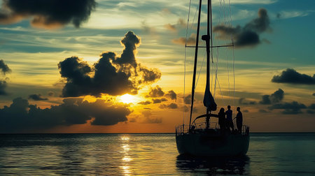 Silhouette of a family, on a modern sailboat in the middle of the sea, with stunning sky and clouds generative aiの素材
