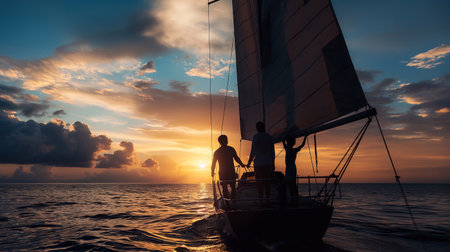 Silhouette of a family, on a modern sailboat in the middle of the sea, with stunning sky and clouds generative aiの素材