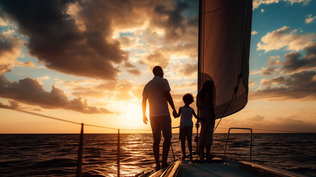 Silhouette of a family, on a modern sailboat in the middle of the sea, with stunning sky and clouds generative aiの素材