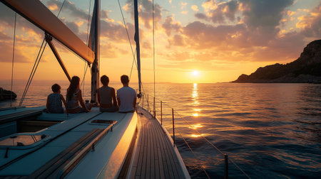 Silhouette of a family, on a modern sailboat in the middle of the sea, with stunning sky and clouds generative aiの素材