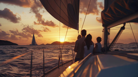 Silhouette of a family, on a modern sailboat in the middle of the sea, with stunning sky and clouds generative aiの素材