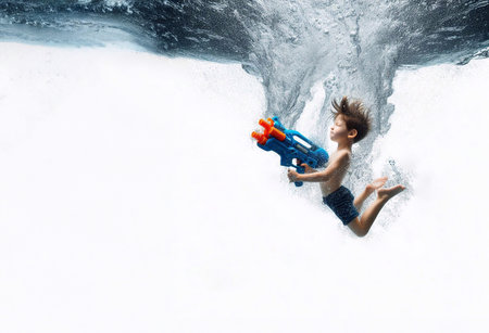 Boys, girls, fat kids playing with water guns, Songkran Day, Water Festival. generative aiの素材