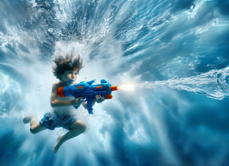 Boys, girls, fat kids playing with water guns, Songkran Day, Water Festival. generative aiの素材