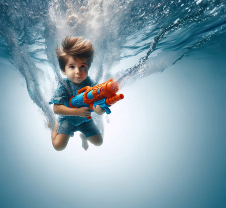 Boys, girls, fat kids playing with water guns, Songkran Day, Water Festival. generative aiの素材