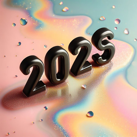 New Year 2025 numbers on a pastel liquid glitter background with glitter and light reflections generative ai illustrationの素材