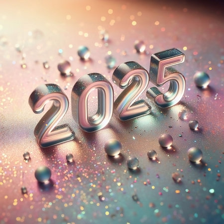 New Year 2025 numbers on a pastel liquid glitter background with glitter and light reflections generative ai illustrationの素材