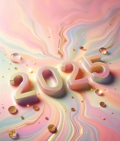 New Year 2025 numbers on a pastel liquid glitter background with glitter and light reflections generative ai illustrationの素材