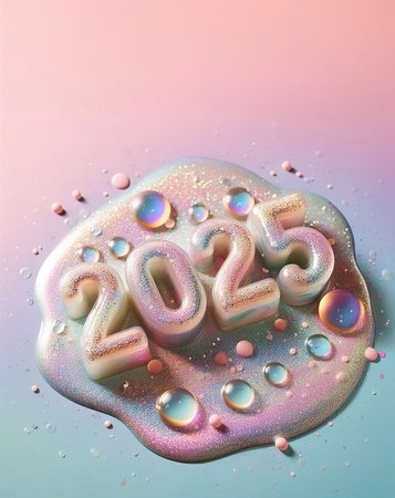 New Year 2025 numbers on a pastel liquid glitter background with glitter and light reflections generative ai illustrationの素材