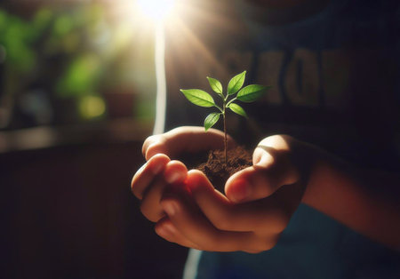 Closeup of tree sapling in child's hand, rainy succulent background. generative aiの素材