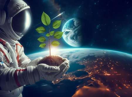 Closeup of a tree sapling in the palm of an astronaut's hand. generative aiの素材