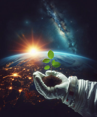 Closeup of a tree sapling in the palm of an astronaut's hand. generative aiの素材