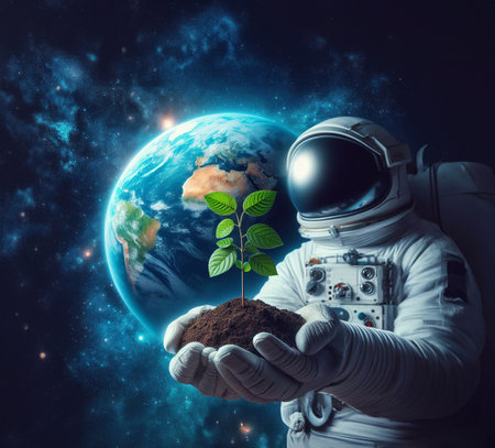 Closeup of a tree sapling in the palm of an astronaut's hand. generative aiの素材