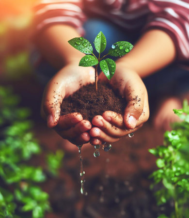 Closeup of seedlings in the palm of the hand, rain soaked background generative aiの素材