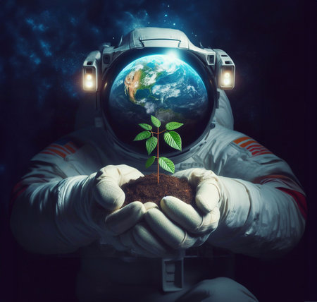 Closeup of a tree sapling in the palm of an astronaut's hand. generative aiの素材