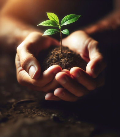 Closeup of seedlings in the palm of the hand, rain soaked background generative aiの素材