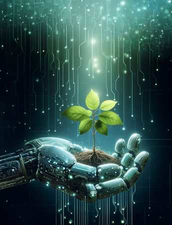 Closeup of seedlings in the palm of a robot, technology background and landscape generative aiの素材