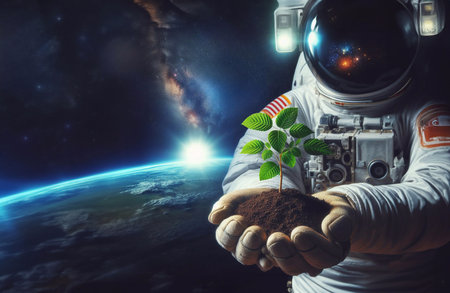Closeup of a tree sapling in the palm of an astronaut's hand. generative aiの素材