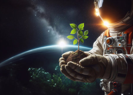 Closeup of a tree sapling in the palm of an astronaut's hand. generative aiの素材