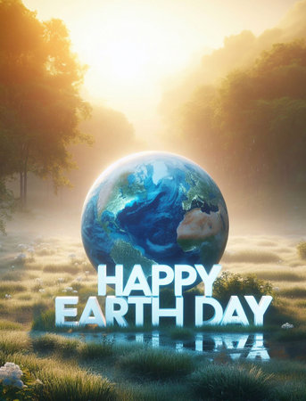 Happy Earth Day Illustration: Planet and letters on the grass.generative aiの素材