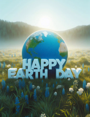 Happy Earth Day Illustration: Planet and letters on the grass.generative aiの素材