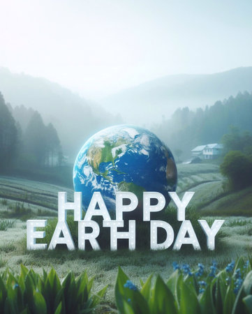 Happy Earth Day Illustration: Planet and letters on the grass.generative aiの素材