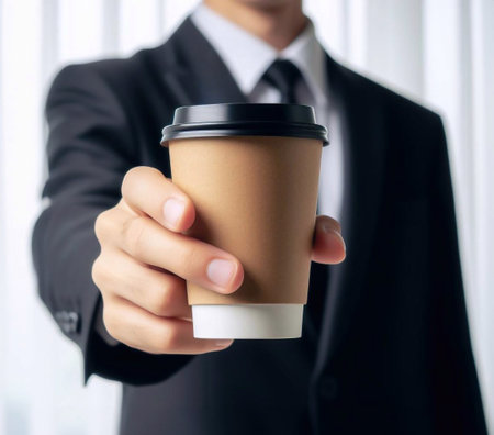 Close-up photo of coffee cup Takeaway.Hold by Asian people. white background generative aiの素材