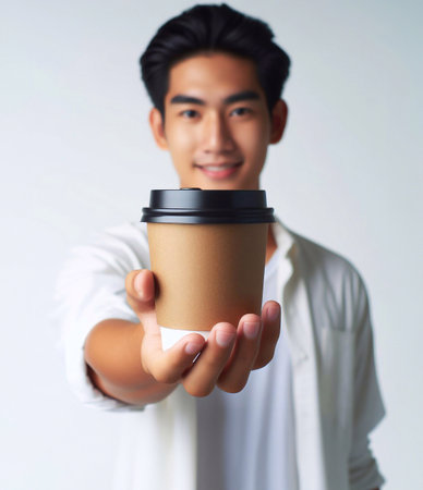 Close-up photo of coffee cup Takeaway.Hold by Asian people. white background generative aiの素材