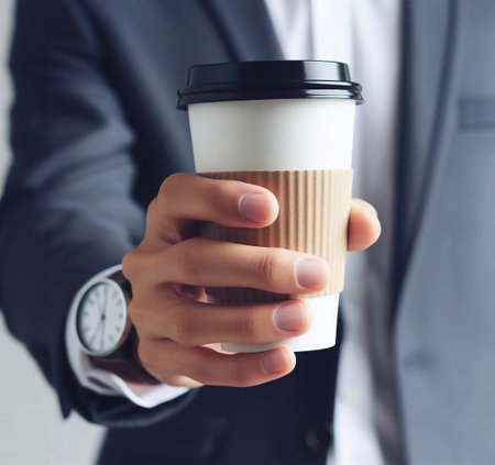 Close-up photo of coffee cup Takeaway.Hold by Asian people. white background generative aiの素材