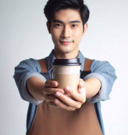 Close-up photo of coffee cup Takeaway.Hold by Asian people. white background generative aiの素材