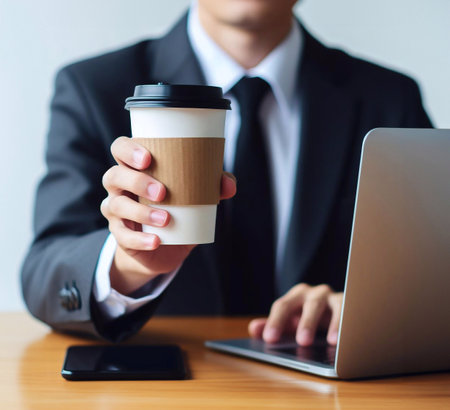 Close-up photo of coffee cup Takeaway.Hold by Asian people. white background generative aiの素材